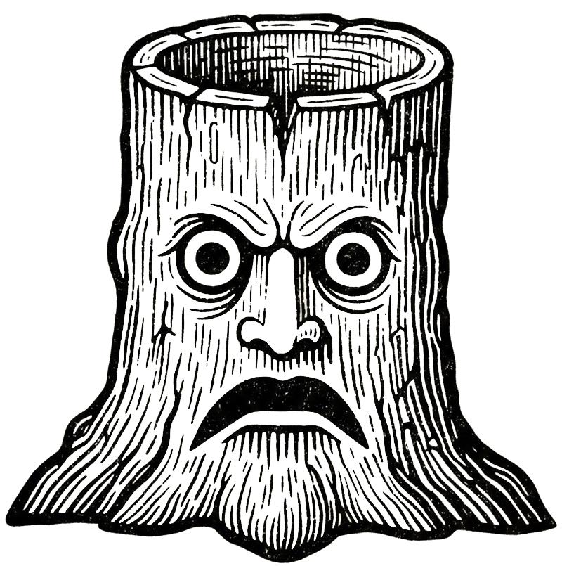 Grabado antiguo de un tocón de árbol con rostro para representar al alcornoque.
